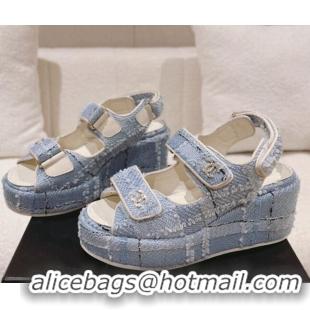 Pretty Style Chanel Tweed Wedge Sandals 7.5cm Light Blue 071041