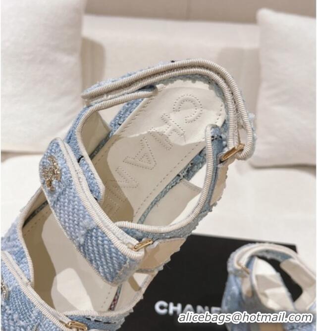 Pretty Style Chanel Tweed Wedge Sandals 7.5cm Light Blue 071041