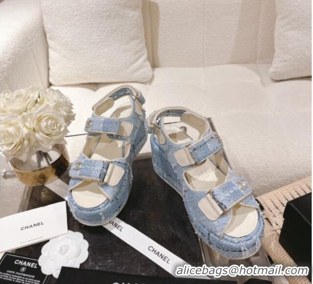 Pretty Style Chanel Tweed Wedge Sandals 7.5cm Light Blue 071041