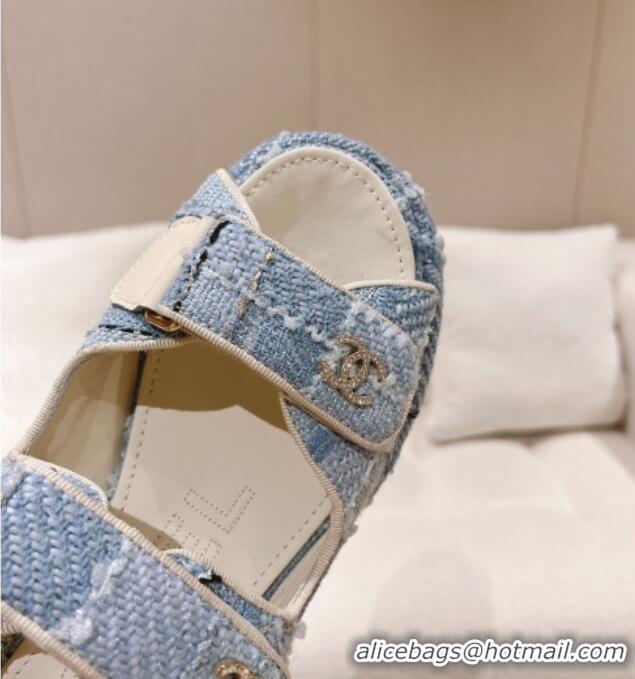 Pretty Style Chanel Tweed Wedge Sandals 7.5cm Light Blue 071041