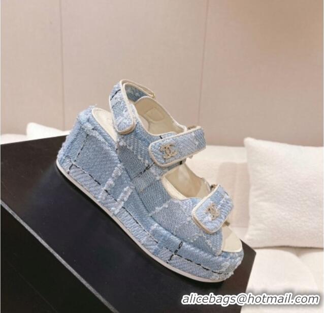 Pretty Style Chanel Tweed Wedge Sandals 7.5cm Light Blue 071041