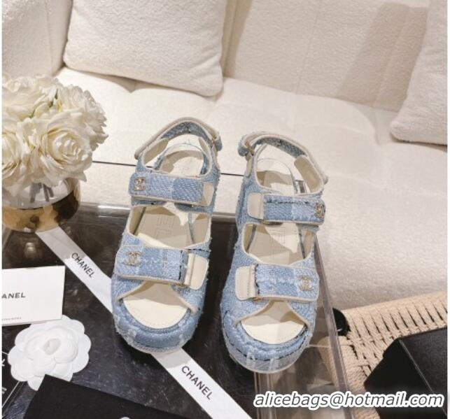 Pretty Style Chanel Tweed Wedge Sandals 7.5cm Light Blue 071041