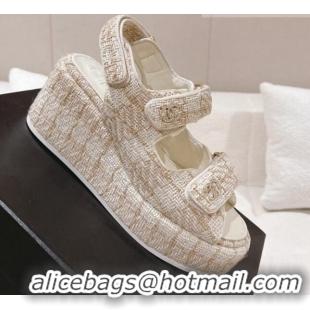 Good Quality Chanel Tweed Wedge Sandals 7.5cm White/Beige 071042