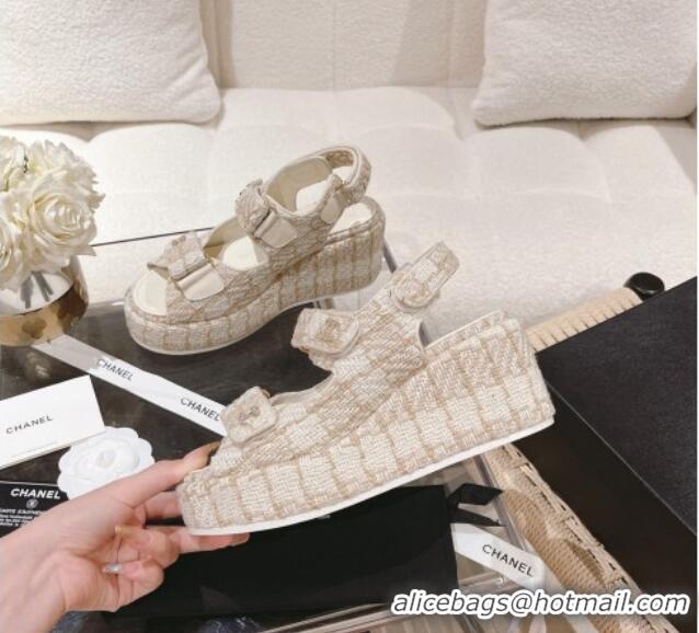 Good Quality Chanel Tweed Wedge Sandals 7.5cm White/Beige 071042