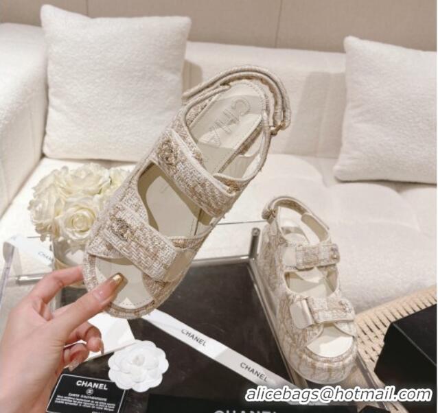 Good Quality Chanel Tweed Wedge Sandals 7.5cm White/Beige 071042