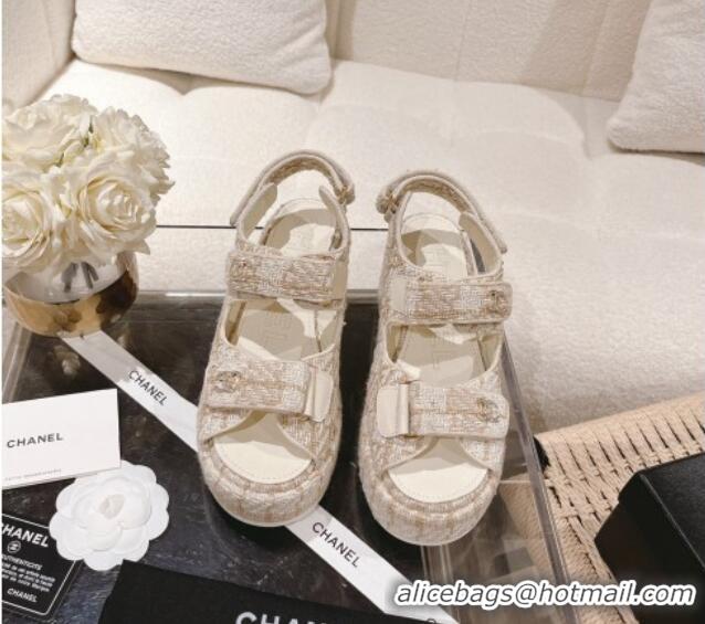 Good Quality Chanel Tweed Wedge Sandals 7.5cm White/Beige 071042