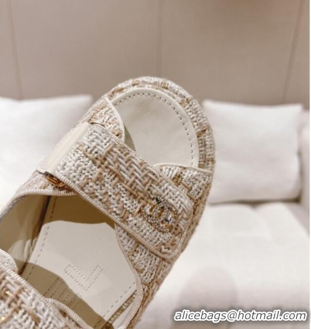 Good Quality Chanel Tweed Wedge Sandals 7.5cm White/Beige 071042