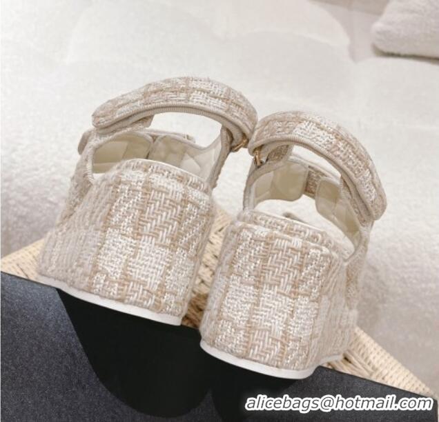 Good Quality Chanel Tweed Wedge Sandals 7.5cm White/Beige 071042