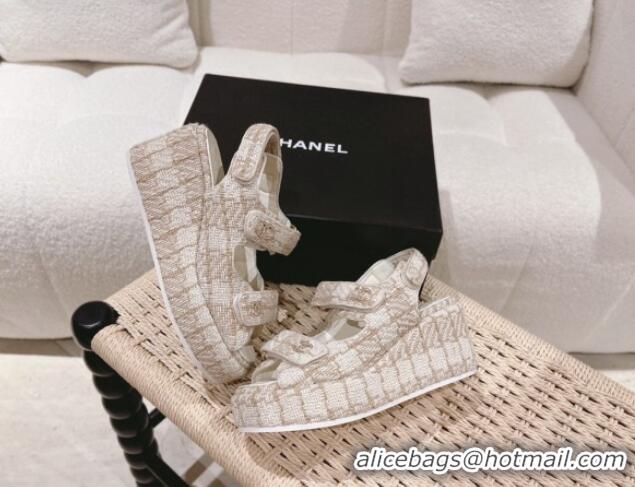 Good Quality Chanel Tweed Wedge Sandals 7.5cm White/Beige 071042