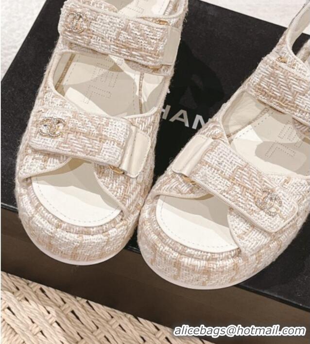 Good Quality Chanel Tweed Wedge Sandals 7.5cm White/Beige 071042