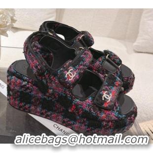 Good Looking Chanel Tweed Wedge Sandals 7.5cm Black/Multicolor 071043