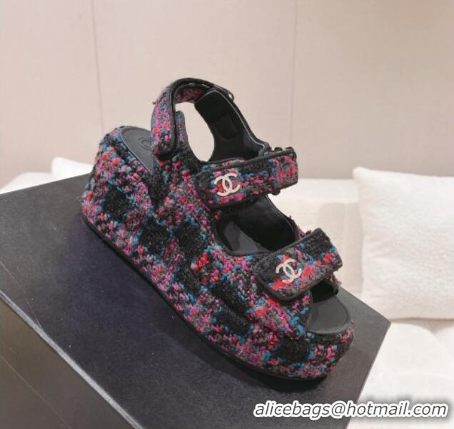 Good Looking Chanel Tweed Wedge Sandals 7.5cm Black/Multicolor 071043