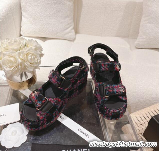 Good Looking Chanel Tweed Wedge Sandals 7.5cm Black/Multicolor 071043