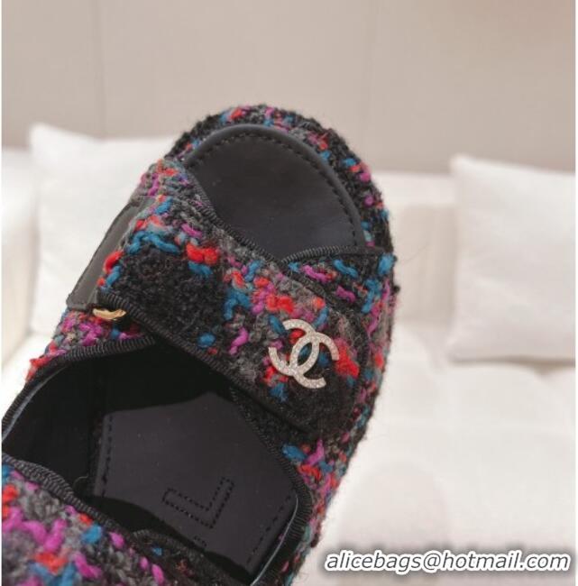 Good Looking Chanel Tweed Wedge Sandals 7.5cm Black/Multicolor 071043