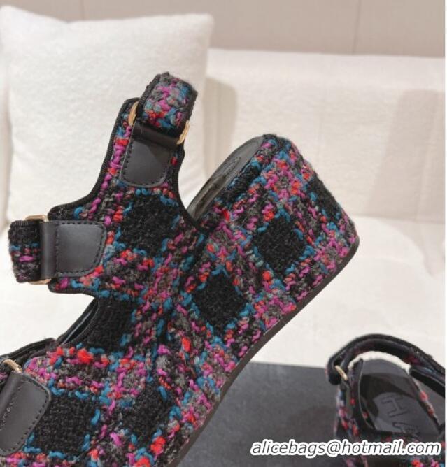 Good Looking Chanel Tweed Wedge Sandals 7.5cm Black/Multicolor 071043