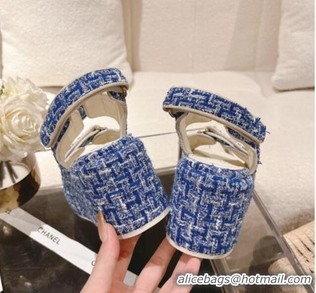 Best Grade Chanel Tweed Wedge Sandals 7.5cm Denim Blue 071044