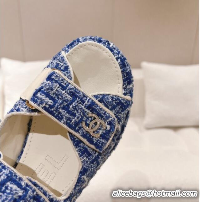 Best Grade Chanel Tweed Wedge Sandals 7.5cm Denim Blue 071044