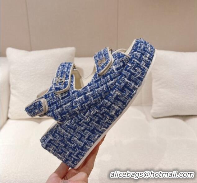 Best Grade Chanel Tweed Wedge Sandals 7.5cm Denim Blue 071044