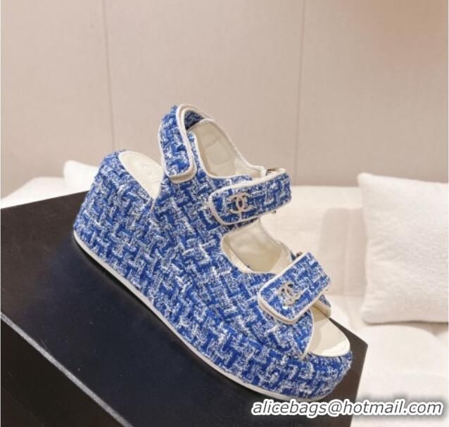 Best Grade Chanel Tweed Wedge Sandals 7.5cm Denim Blue 071044