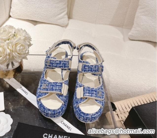 Best Grade Chanel Tweed Wedge Sandals 7.5cm Denim Blue 071044