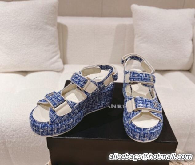 Best Grade Chanel Tweed Wedge Sandals 7.5cm Denim Blue 071044