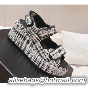 Grade Quality Chanel Tweed Wedge Sandals 7.5cm Black/Grey/White 071045