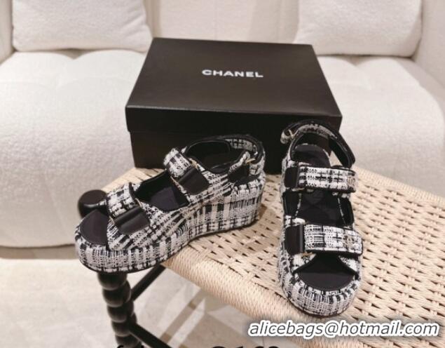 Grade Quality Chanel Tweed Wedge Sandals 7.5cm Black/Grey/White 071045