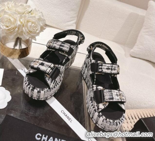 Grade Quality Chanel Tweed Wedge Sandals 7.5cm Black/Grey/White 071045