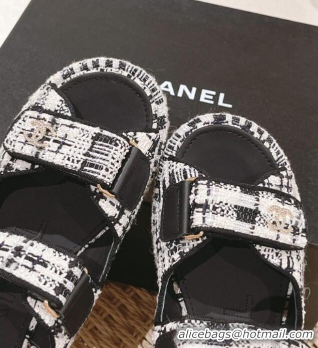 Grade Quality Chanel Tweed Wedge Sandals 7.5cm Black/Grey/White 071045