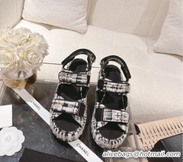 Grade Quality Chanel Tweed Wedge Sandals 7.5cm Black/Grey/White 071045