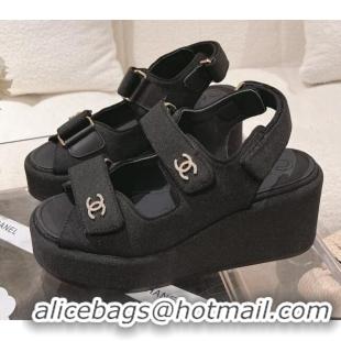 Good Quality Chanel Fabric Wedge Sandals 7.5cm Black 071046