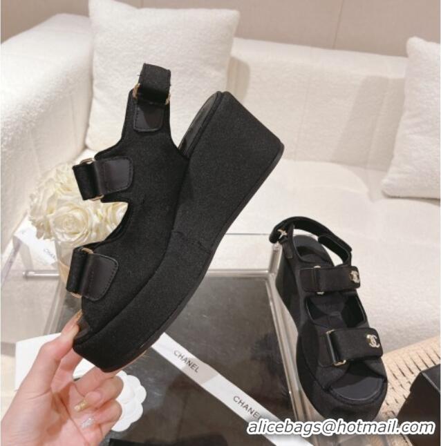 Good Quality Chanel Fabric Wedge Sandals 7.5cm Black 071046