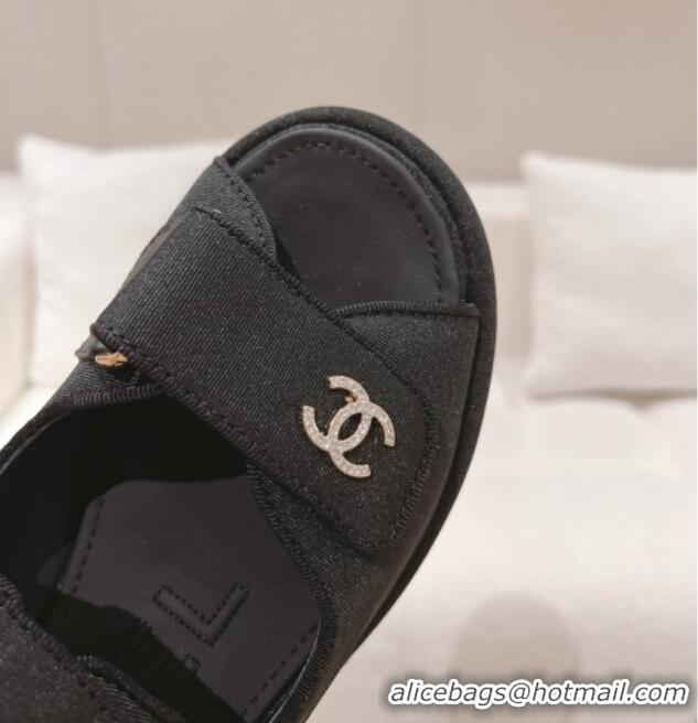 Good Quality Chanel Fabric Wedge Sandals 7.5cm Black 071046