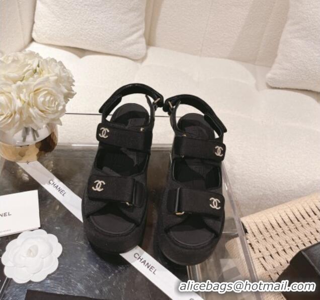 Good Quality Chanel Fabric Wedge Sandals 7.5cm Black 071046