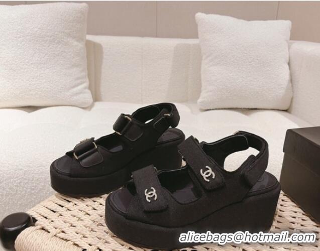 Good Quality Chanel Fabric Wedge Sandals 7.5cm Black 071046