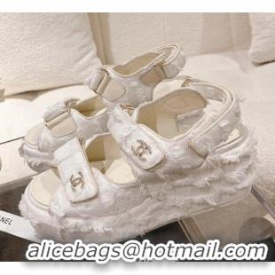 Discount Chanel Fabric Wedge Sandals 7.5cm with Fringe White 071047