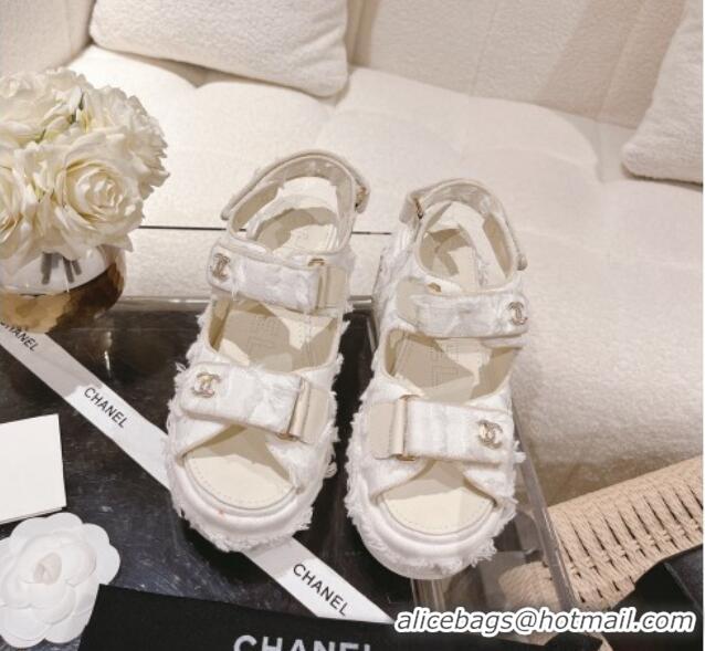 Discount Chanel Fabric Wedge Sandals 7.5cm with Fringe White 071047