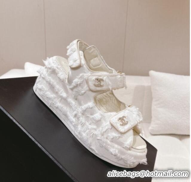 Discount Chanel Fabric Wedge Sandals 7.5cm with Fringe White 071047