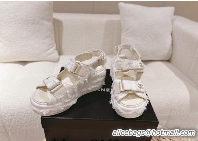 Discount Chanel Fabric Wedge Sandals 7.5cm with Fringe White 071047