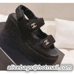 Stylish Chanel Tweed Wedge Sandals 7.5cm Black 071048