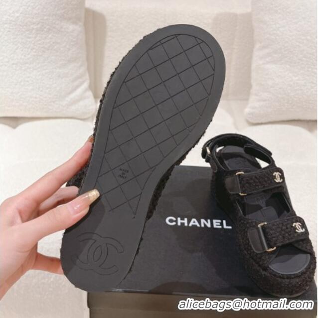 Stylish Chanel Tweed Wedge Sandals 7.5cm Black 071048