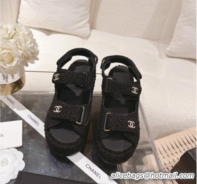 Stylish Chanel Tweed Wedge Sandals 7.5cm Black 071048