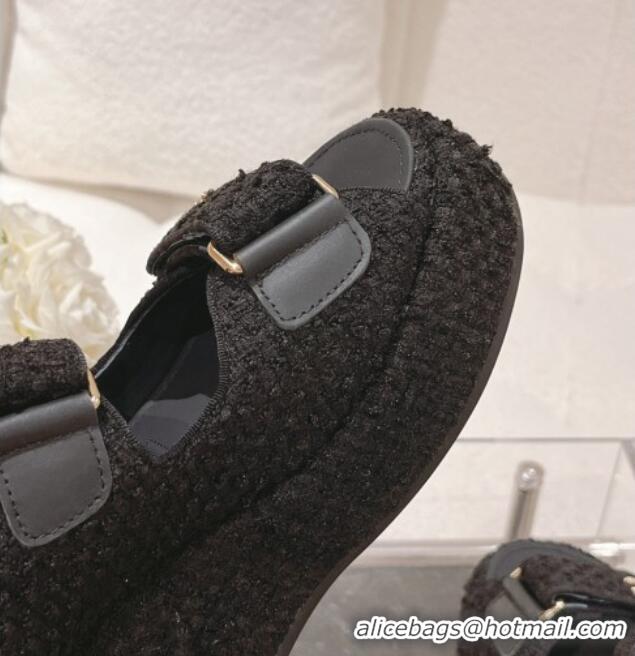 Stylish Chanel Tweed Wedge Sandals 7.5cm Black 071048