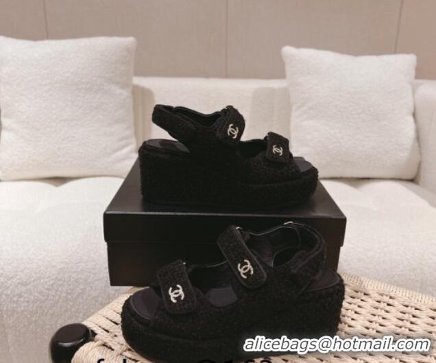 Stylish Chanel Tweed Wedge Sandals 7.5cm Black 071048