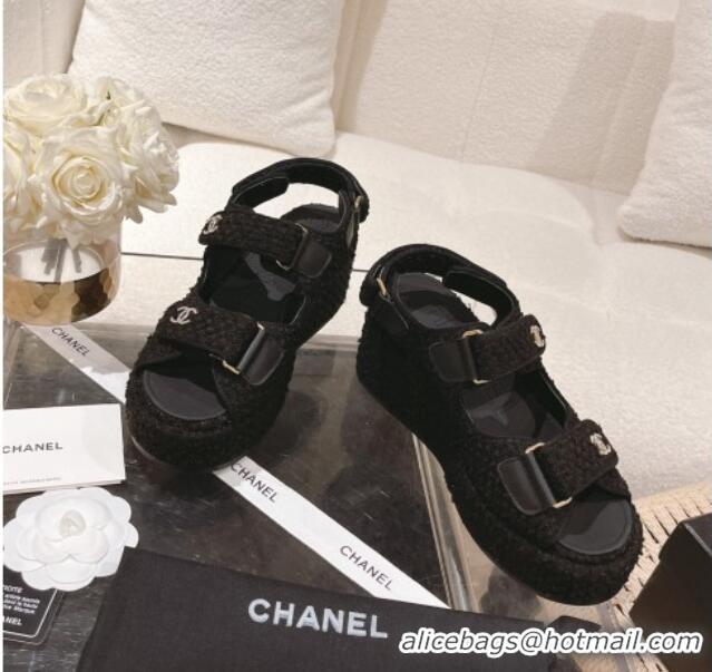 Stylish Chanel Tweed Wedge Sandals 7.5cm Black 071048