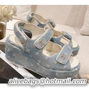 Cheap Price Chanel Destroyed Denim Wedge Sandals 7.5cm Light Blue 071049