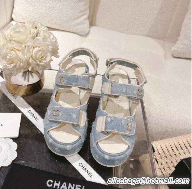 Cheap Price Chanel Destroyed Denim Wedge Sandals 7.5cm Light Blue 071049