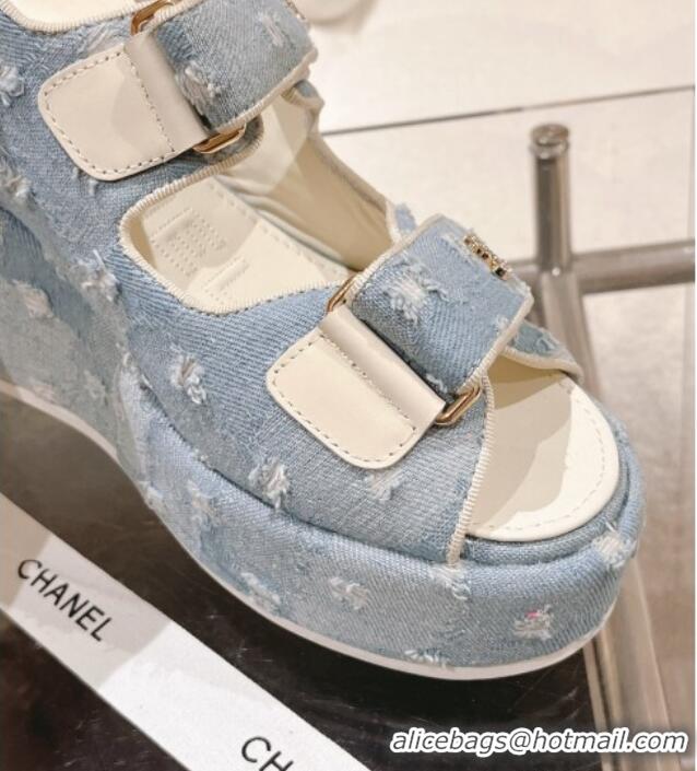 Cheap Price Chanel Destroyed Denim Wedge Sandals 7.5cm Light Blue 071049