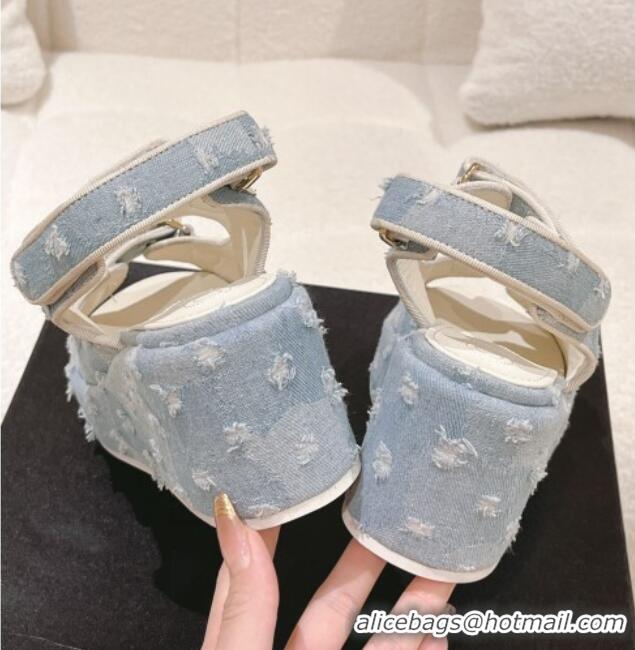 Cheap Price Chanel Destroyed Denim Wedge Sandals 7.5cm Light Blue 071049