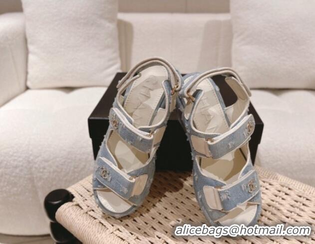 Cheap Price Chanel Destroyed Denim Wedge Sandals 7.5cm Light Blue 071049